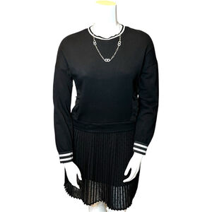 TWINS by Twinset Black Sweatshirt Dress with Pleated Dot Skirt, M